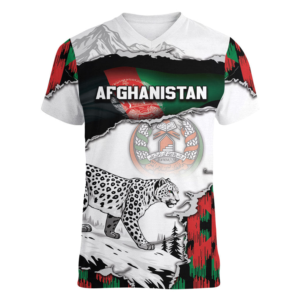 Personalized Afghanistan Women V-Neck T-Shirt Snow Leopard With Flag Ripped Style