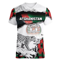Personalized Afghanistan Women V-Neck T-Shirt Snow Leopard With Flag Ripped Style