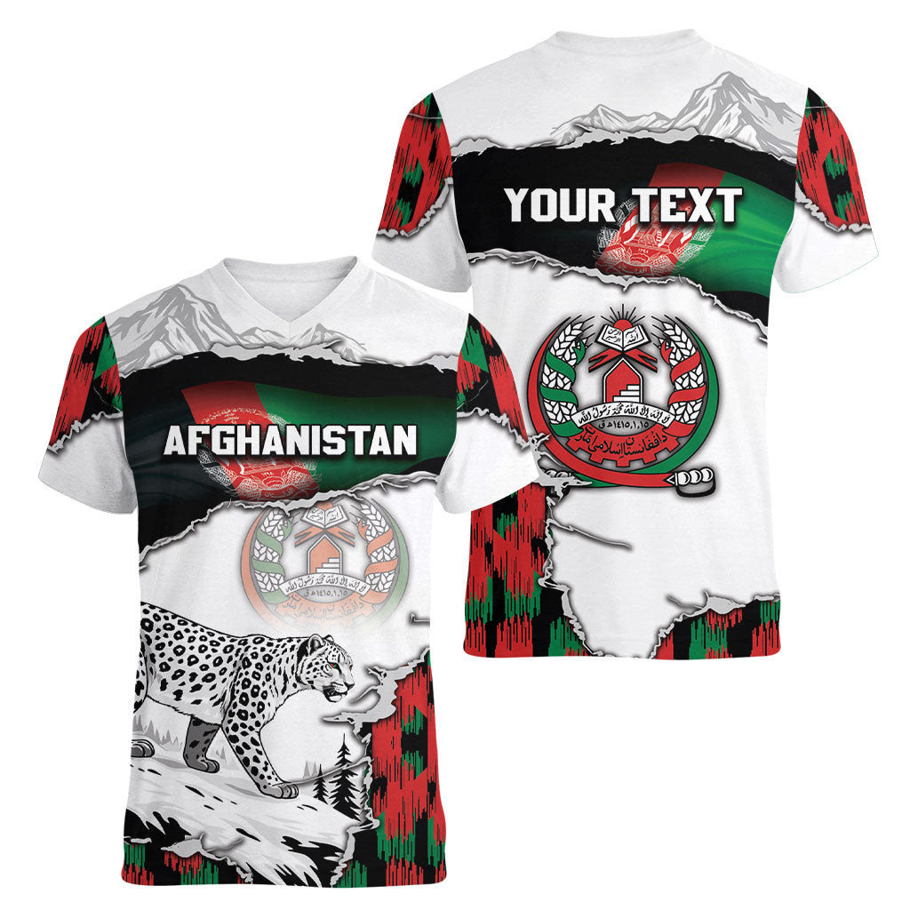 Personalized Afghanistan Women V-Neck T-Shirt Snow Leopard With Flag Ripped Style