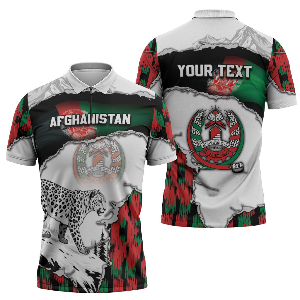 Personalized Afghanistan Zipper Polo Shirt Snow Leopard With Flag Ripped Style