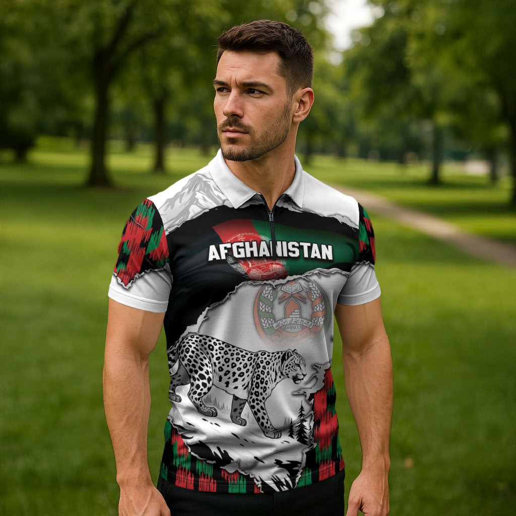 Personalized Afghanistan Zipper Polo Shirt Snow Leopard With Flag Ripped Style