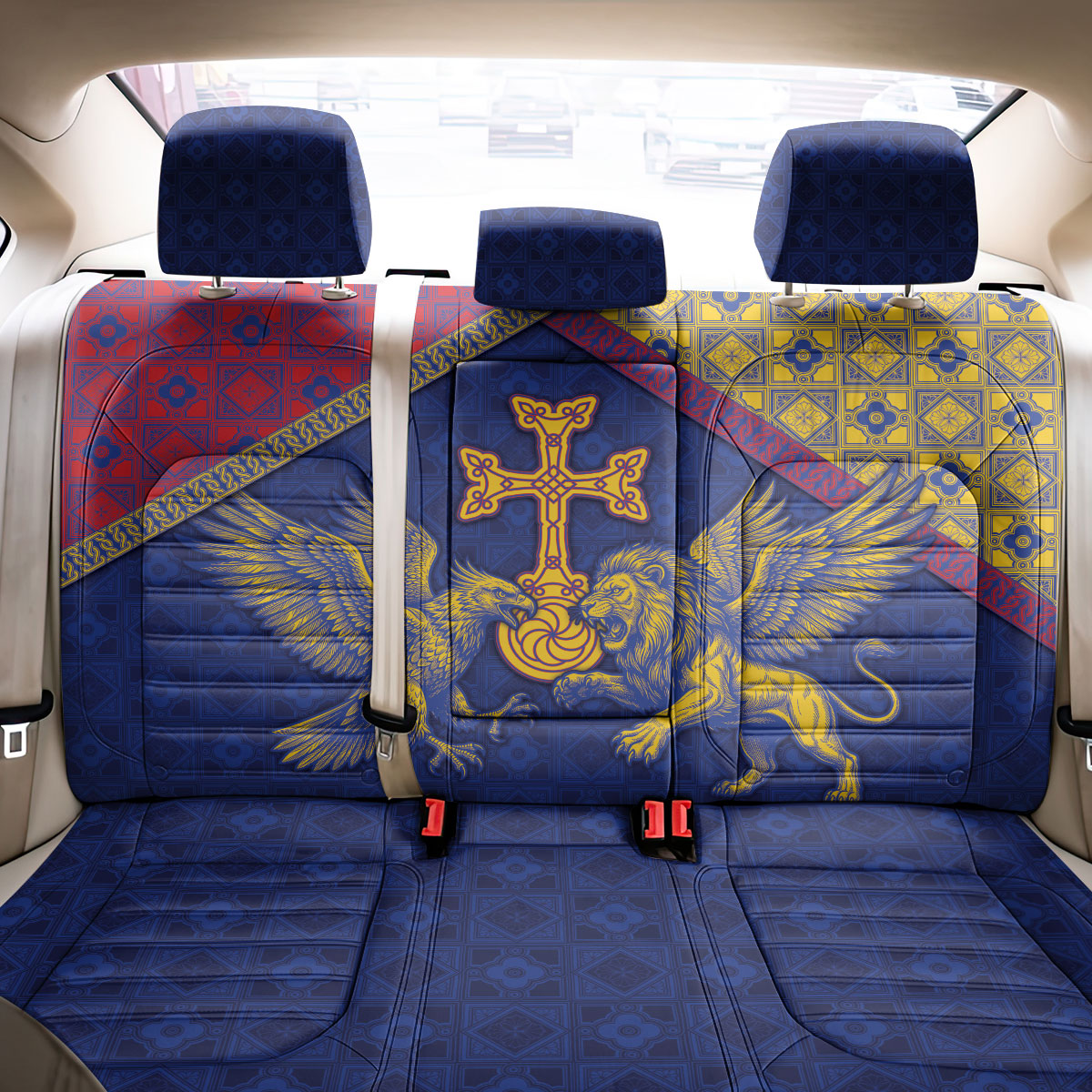 Armenia Back Car Seat Cover Golden Eagle And Lion Khachkar