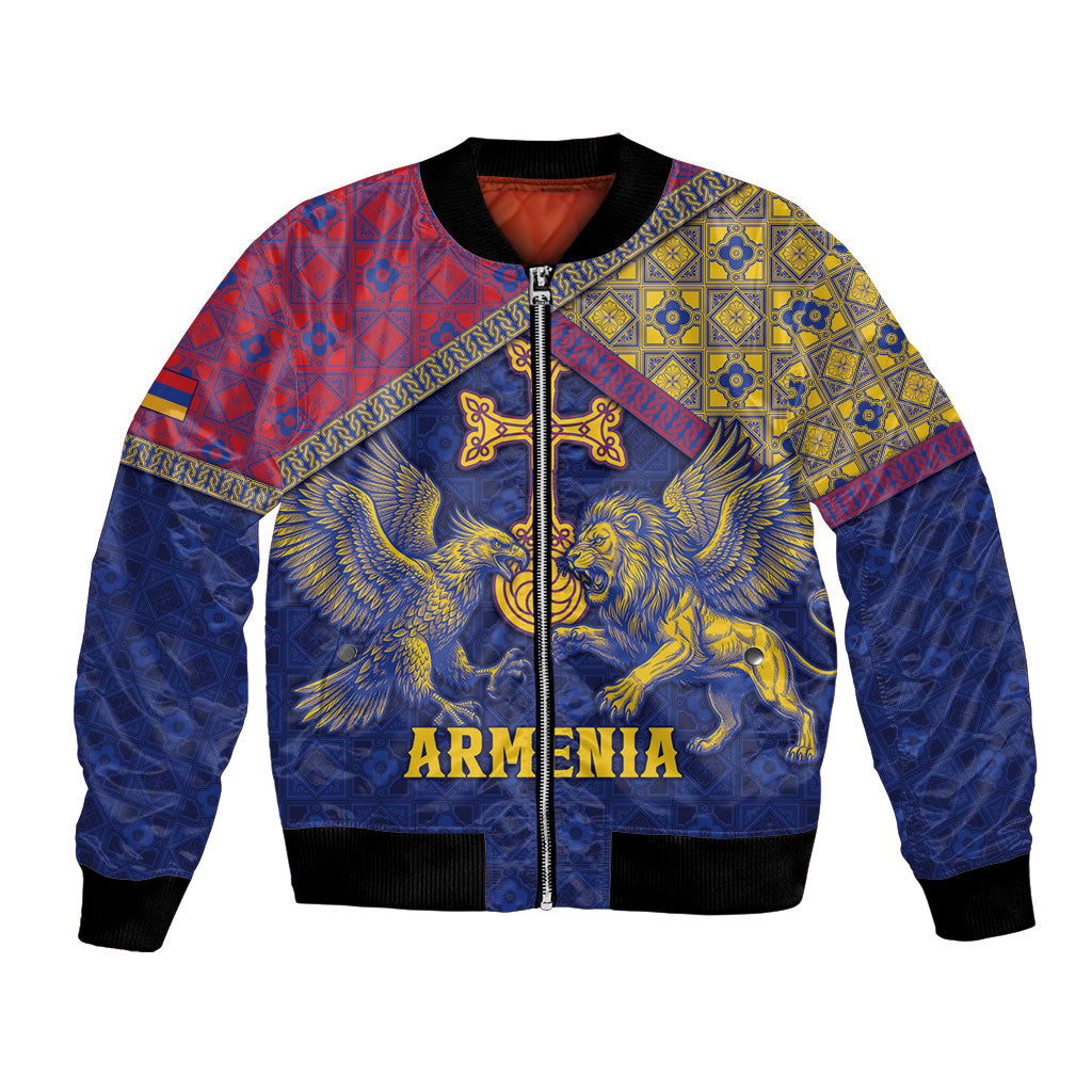 Personalized Armenia Bomber Jacket Golden Eagle And Lion Khachkar