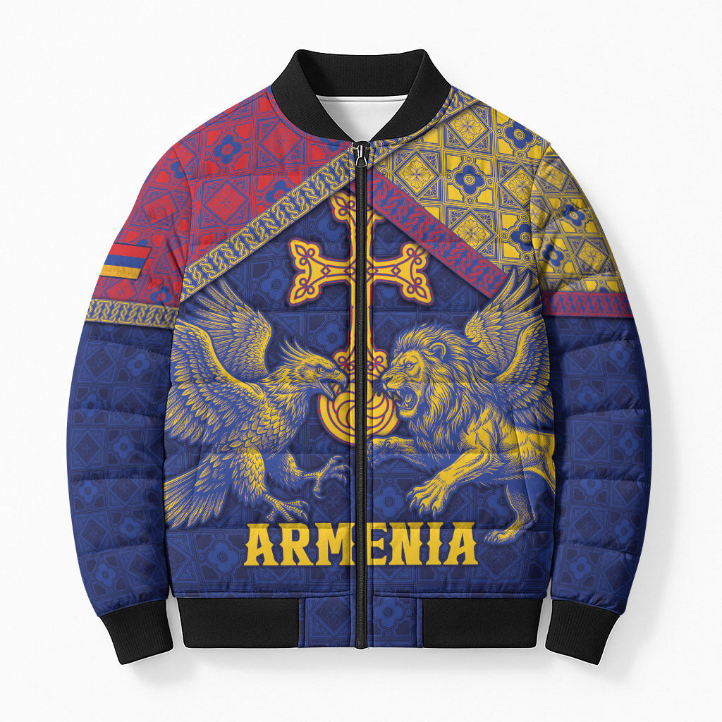 Personalized Armenia Bomber Puffer Jacket Golden Eagle And Lion Khachkar