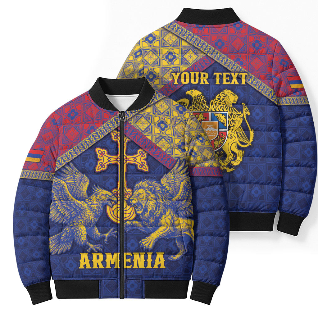 Personalized Armenia Bomber Puffer Jacket Golden Eagle And Lion Khachkar