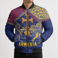 Personalized Armenia Bomber Puffer Jacket Golden Eagle And Lion Khachkar