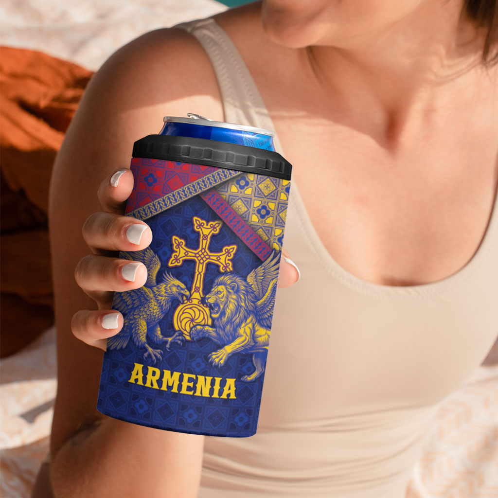 Personalized Armenia 4 in 1 Can Cooler Tumbler Golden Eagle And Lion Khachkar