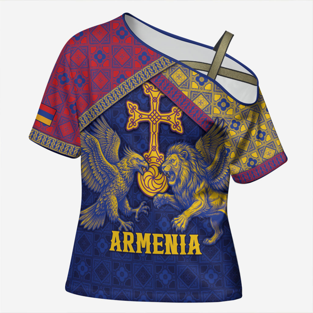 Personalized Armenia Cross Shoulder Shirt Golden Eagle And Lion Khachkar