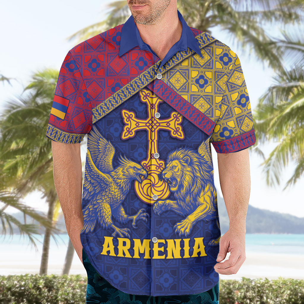 Personalized Armenia Hawaiian Shirt Golden Eagle And Lion Khachkar