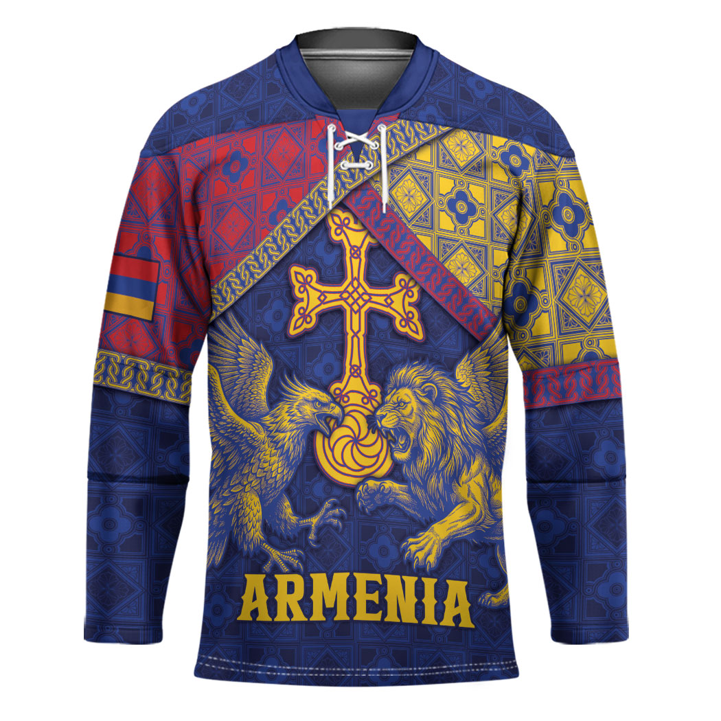Personalized Armenia Hockey Jersey Golden Eagle And Lion Khachkar