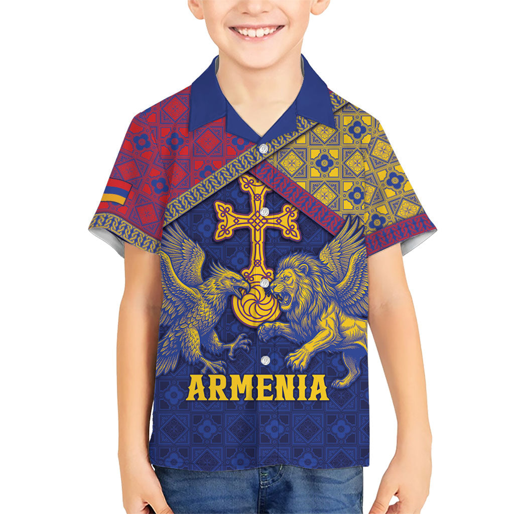 Personalized Armenia Kid Hawaiian Shirt Golden Eagle And Lion Khachkar