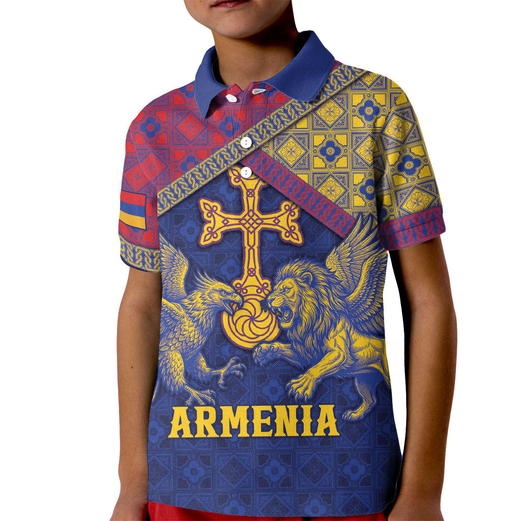 Personalized Armenia Kid Polo Shirt Golden Eagle And Lion Khachkar