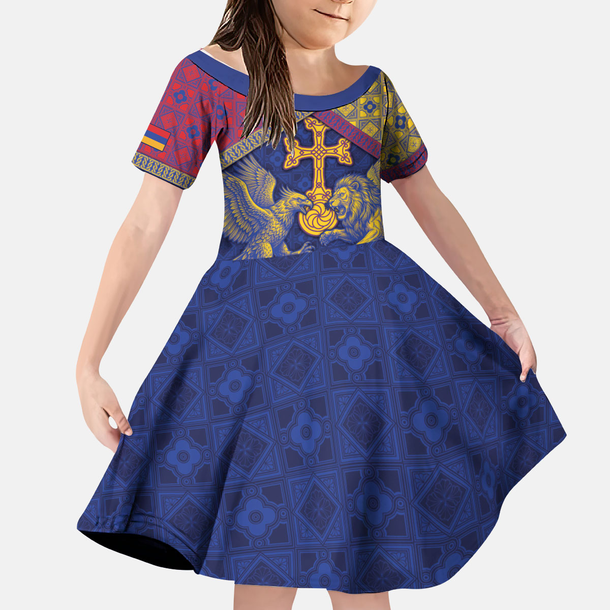 Personalized Armenia Kid Short Sleeve Dress Golden Eagle And Lion Khachkar
