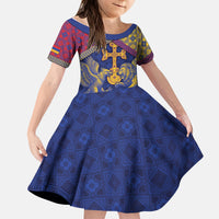 Personalized Armenia Kid Short Sleeve Dress Golden Eagle And Lion Khachkar