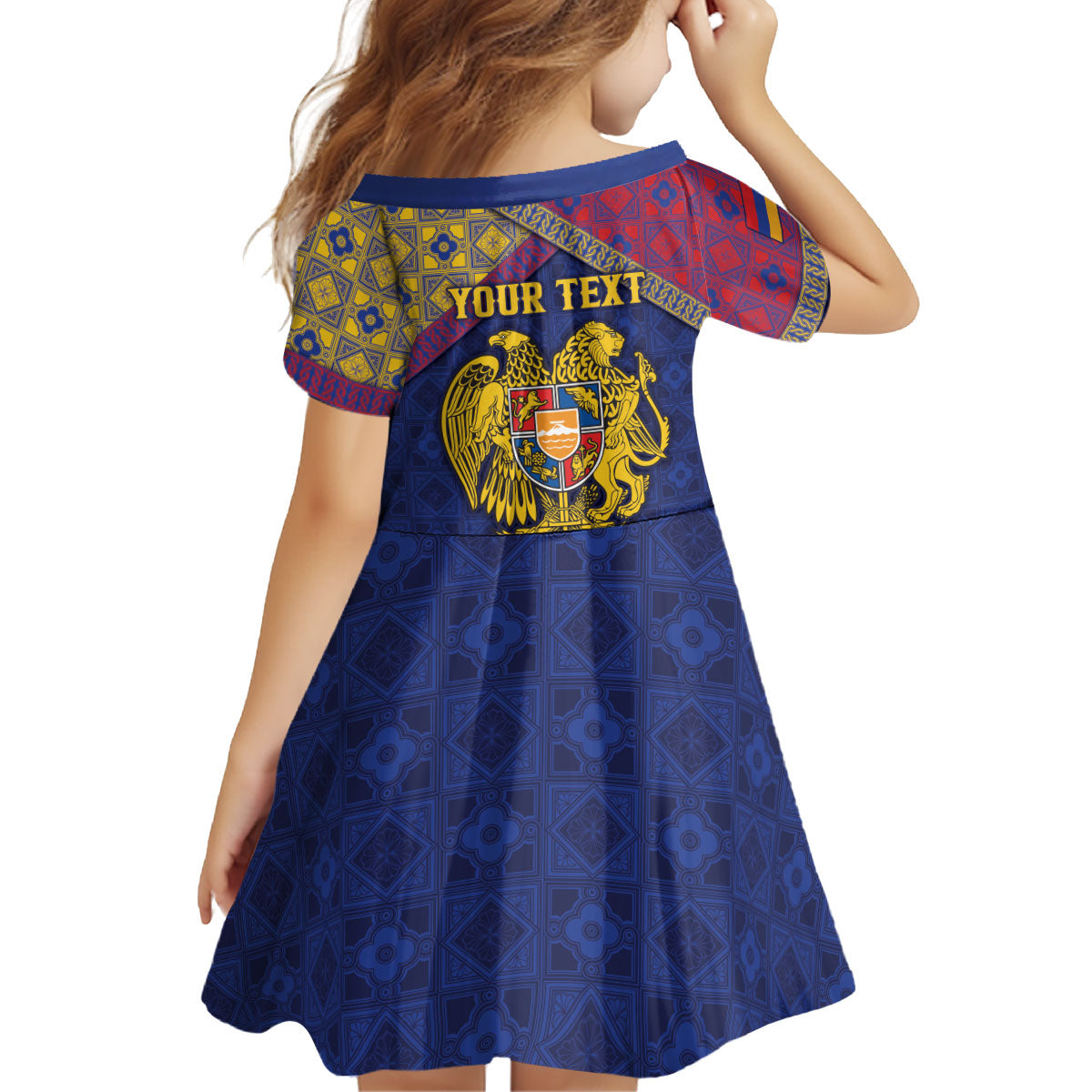 Personalized Armenia Kid Short Sleeve Dress Golden Eagle And Lion Khachkar