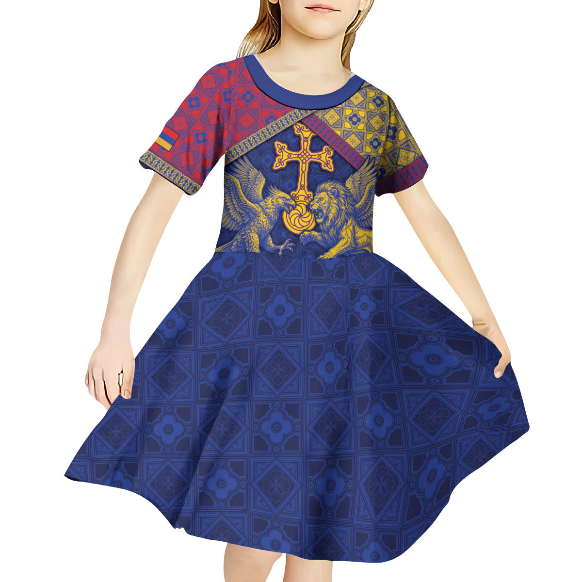 Personalized Armenia Kid Short Sleeve Dress Golden Eagle And Lion Khachkar