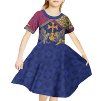 Personalized Armenia Kid Short Sleeve Dress Golden Eagle And Lion Khachkar