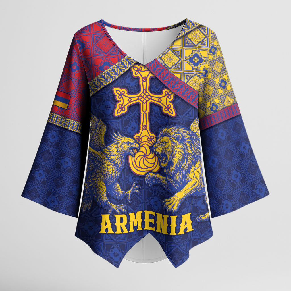 Personalized Armenia Kimono Sleeve Blouse Golden Eagle And Lion Khachkar