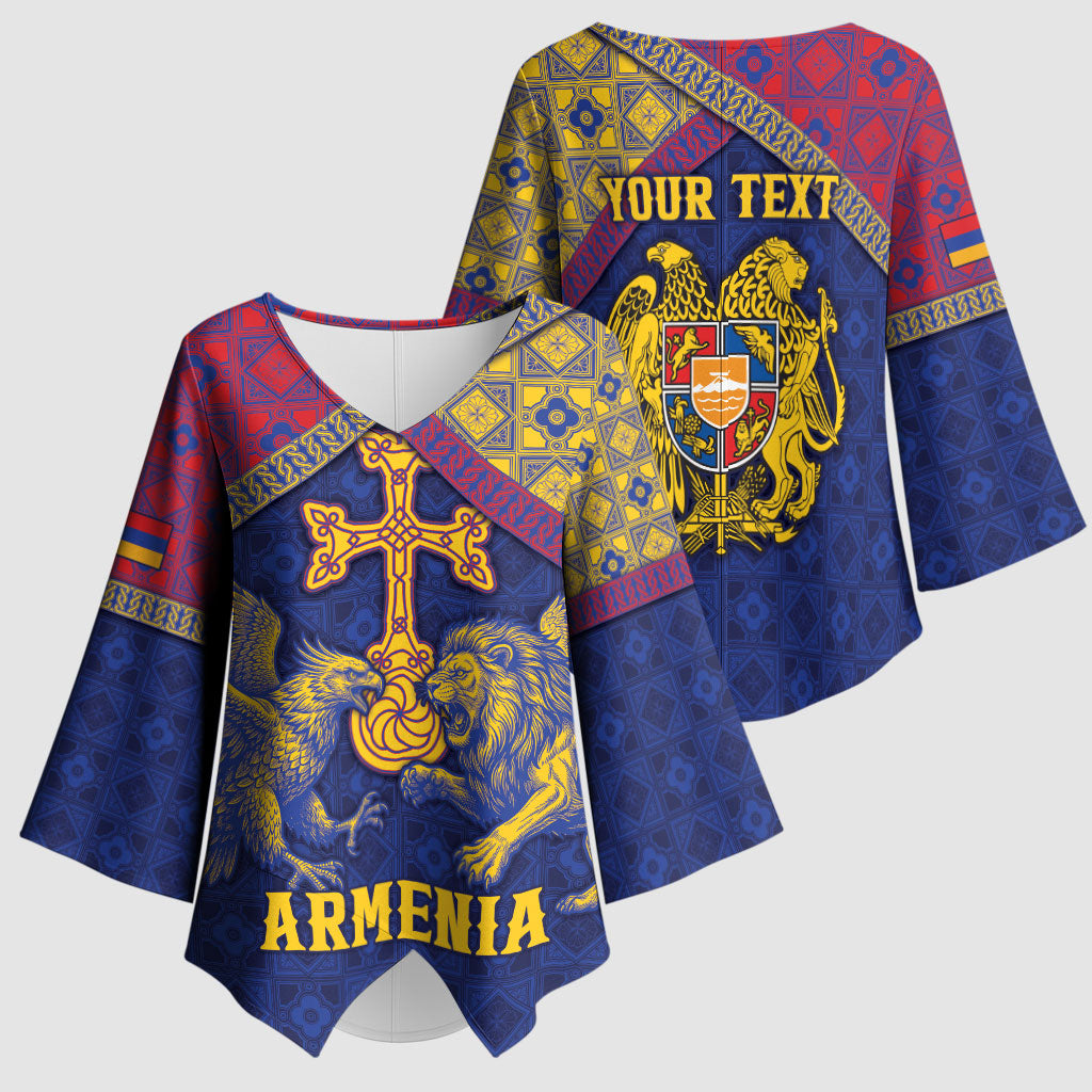 Personalized Armenia Kimono Sleeve Blouse Golden Eagle And Lion Khachkar