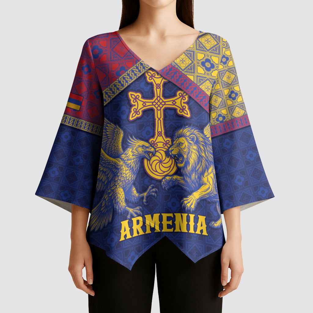 Personalized Armenia Kimono Sleeve Blouse Golden Eagle And Lion Khachkar