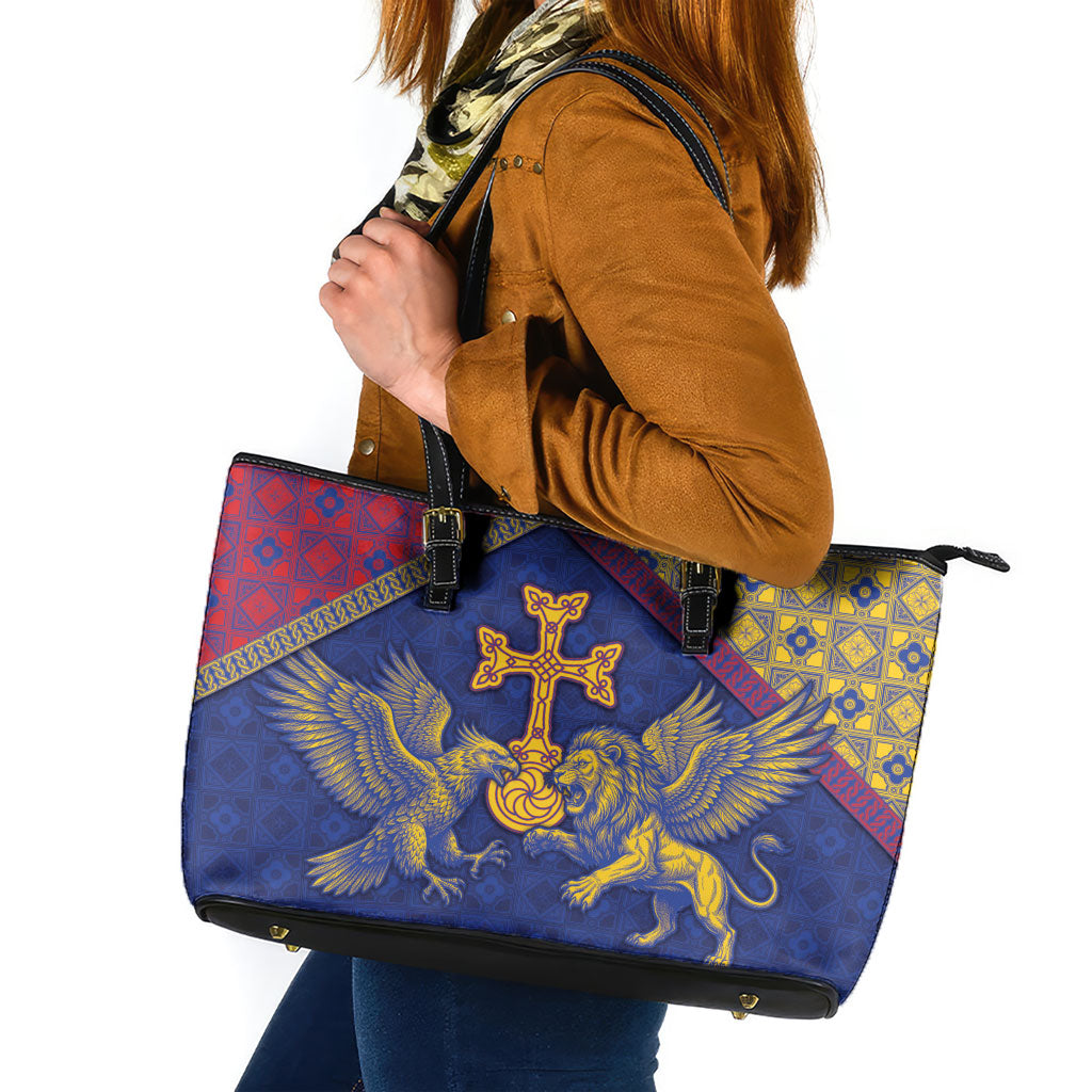 Armenia Leather Tote Bag Golden Eagle And Lion Khachkar