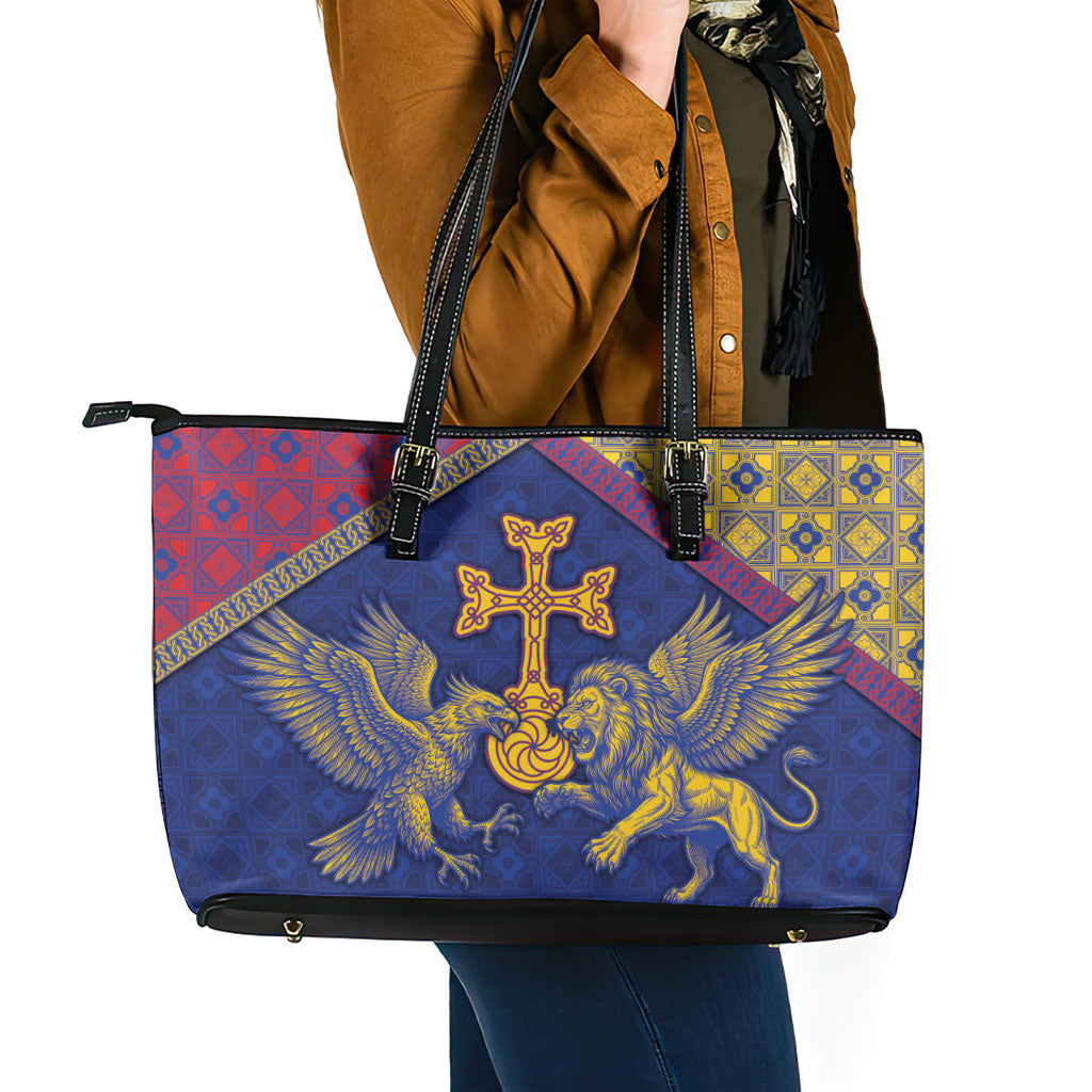 Armenia Leather Tote Bag Golden Eagle And Lion Khachkar