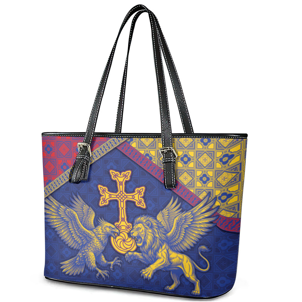 Armenia Leather Tote Bag Golden Eagle And Lion Khachkar