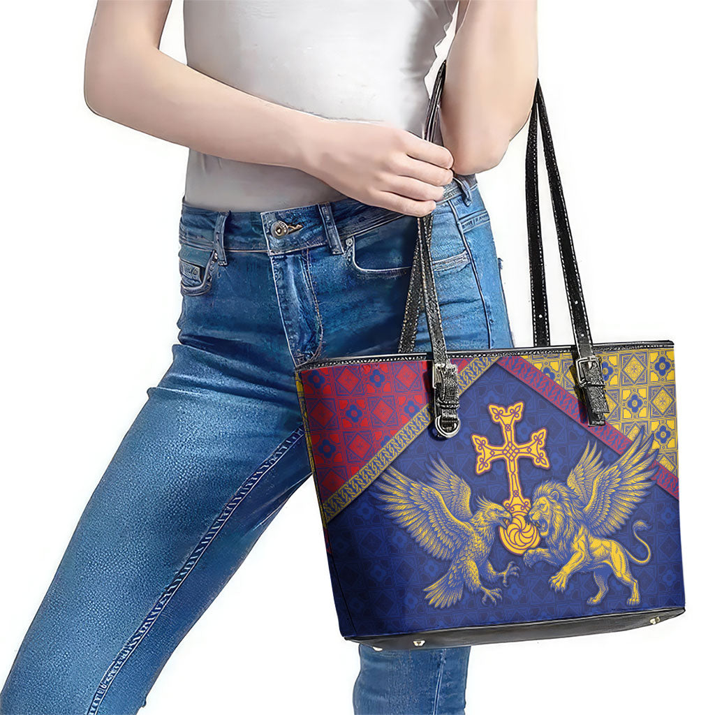 Armenia Leather Tote Bag Golden Eagle And Lion Khachkar