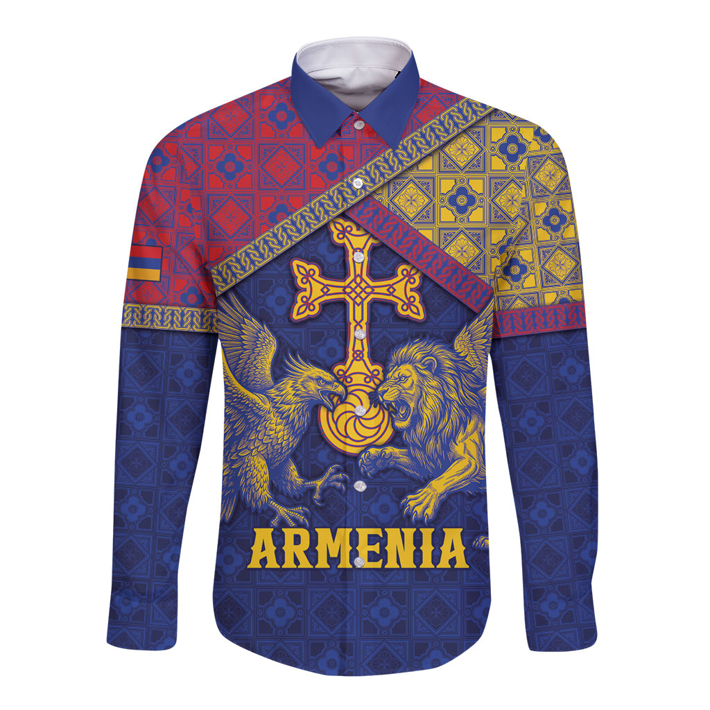 Personalized Armenia Long Sleeve Button Shirt Golden Eagle And Lion Khachkar