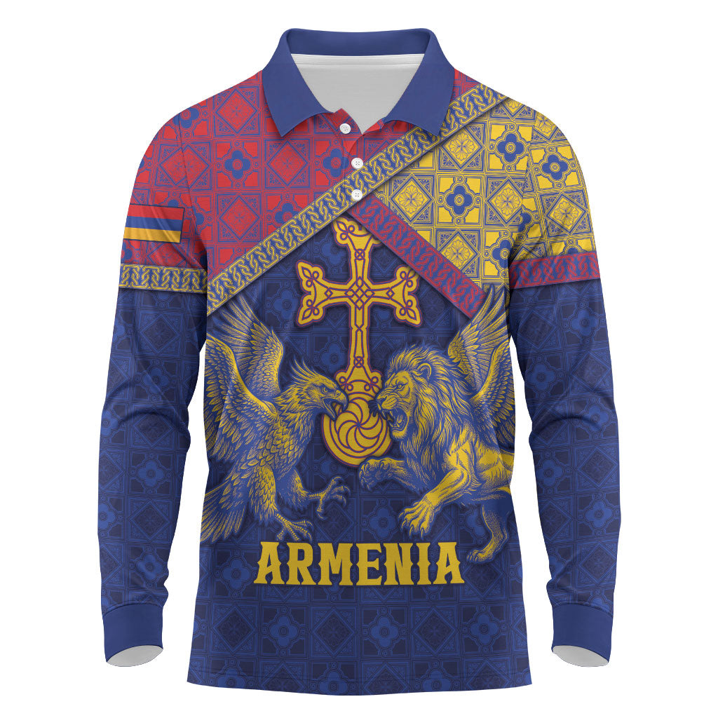 Personalized Armenia Long Sleeve Polo Shirt Golden Eagle And Lion Khachkar