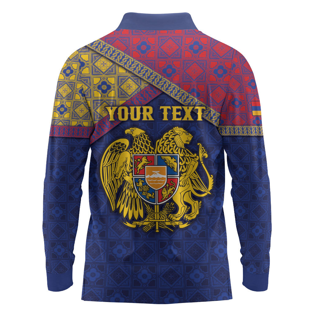 Personalized Armenia Long Sleeve Polo Shirt Golden Eagle And Lion Khachkar