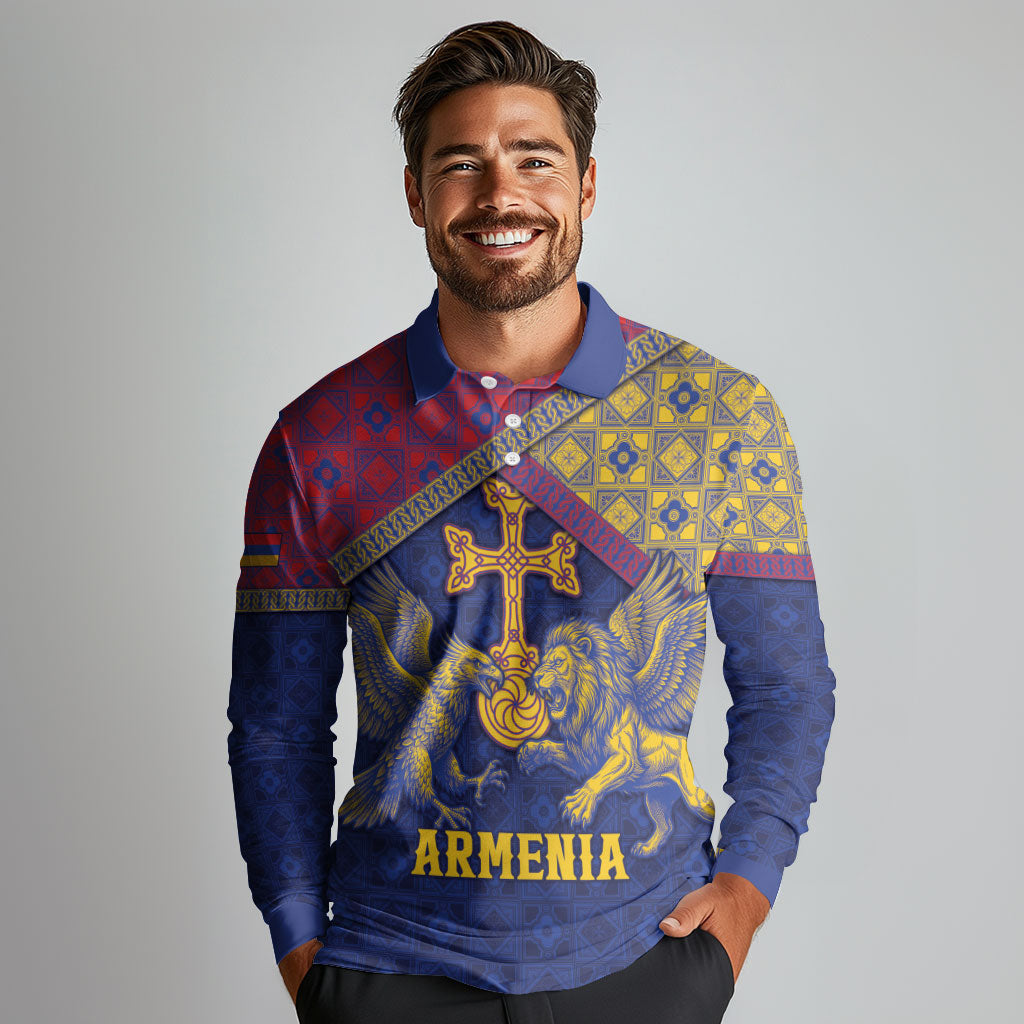 Personalized Armenia Long Sleeve Polo Shirt Golden Eagle And Lion Khachkar