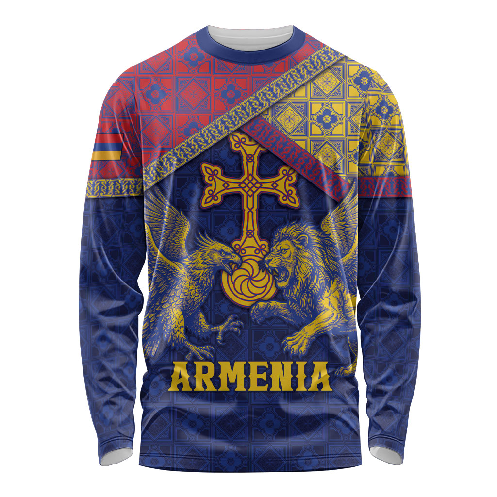 Personalized Armenia Long Sleeve Shirt Golden Eagle And Lion Khachkar