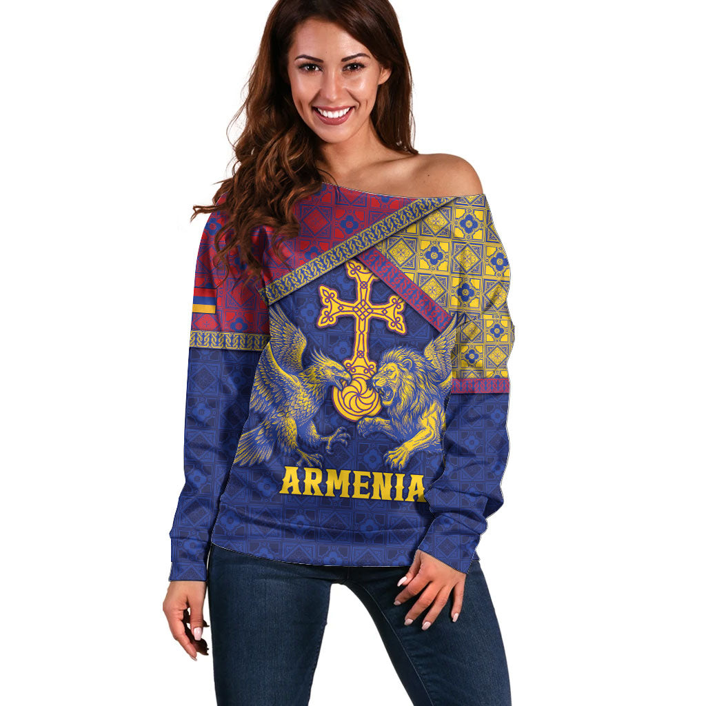 Personalized Armenia Off Shoulder Sweater Golden Eagle And Lion Khachkar