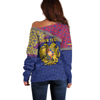 Personalized Armenia Off Shoulder Sweater Golden Eagle And Lion Khachkar