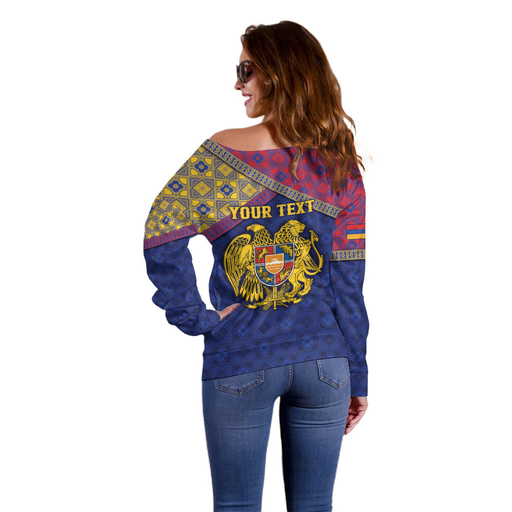 Personalized Armenia Off Shoulder Sweater Golden Eagle And Lion Khachkar