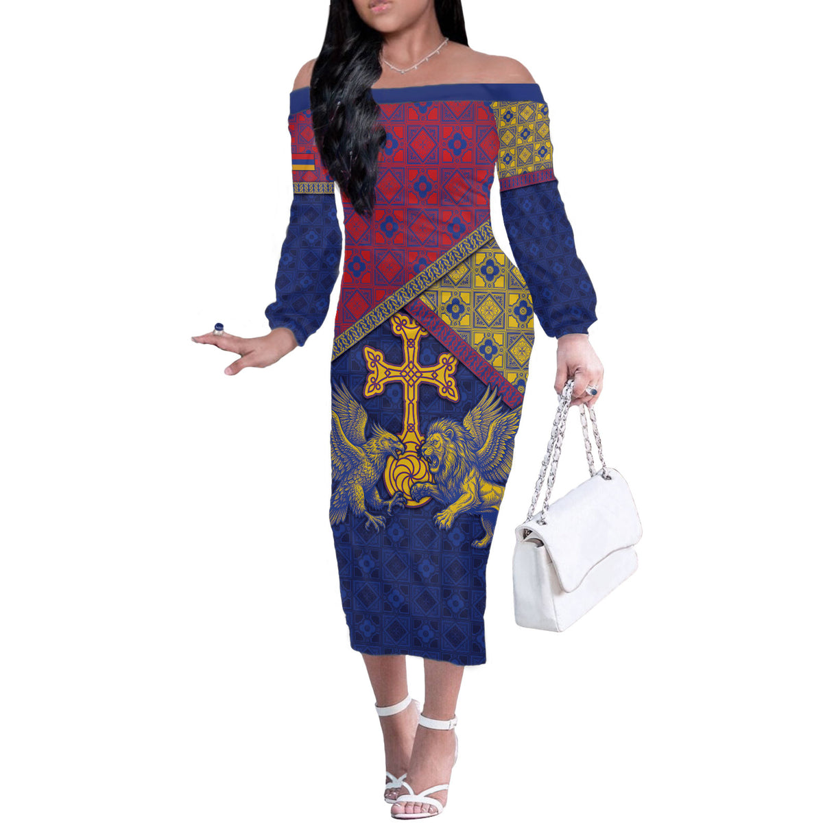 Armenia Off The Shoulder Long Sleeve Dress Golden Eagle And Lion Khachkar