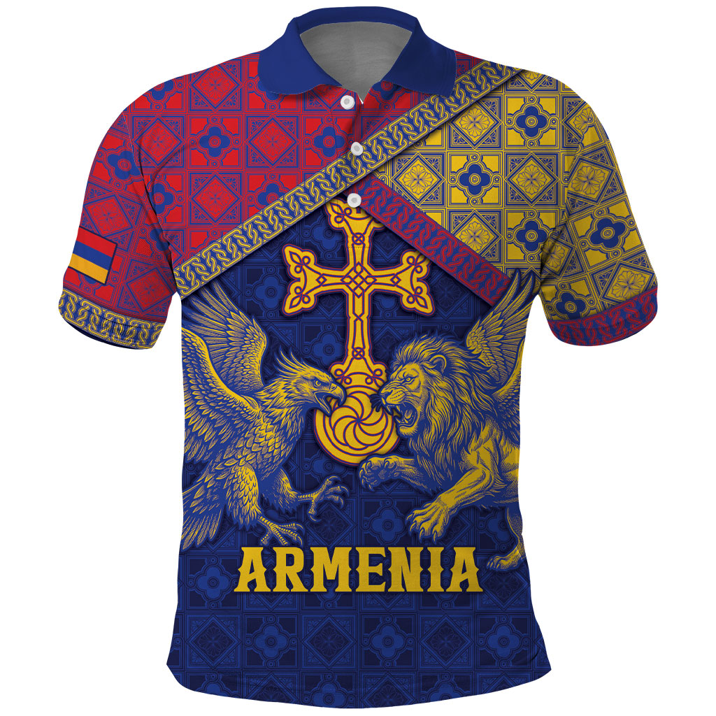 Personalized Armenia Polo Shirt Golden Eagle And Lion Khachkar