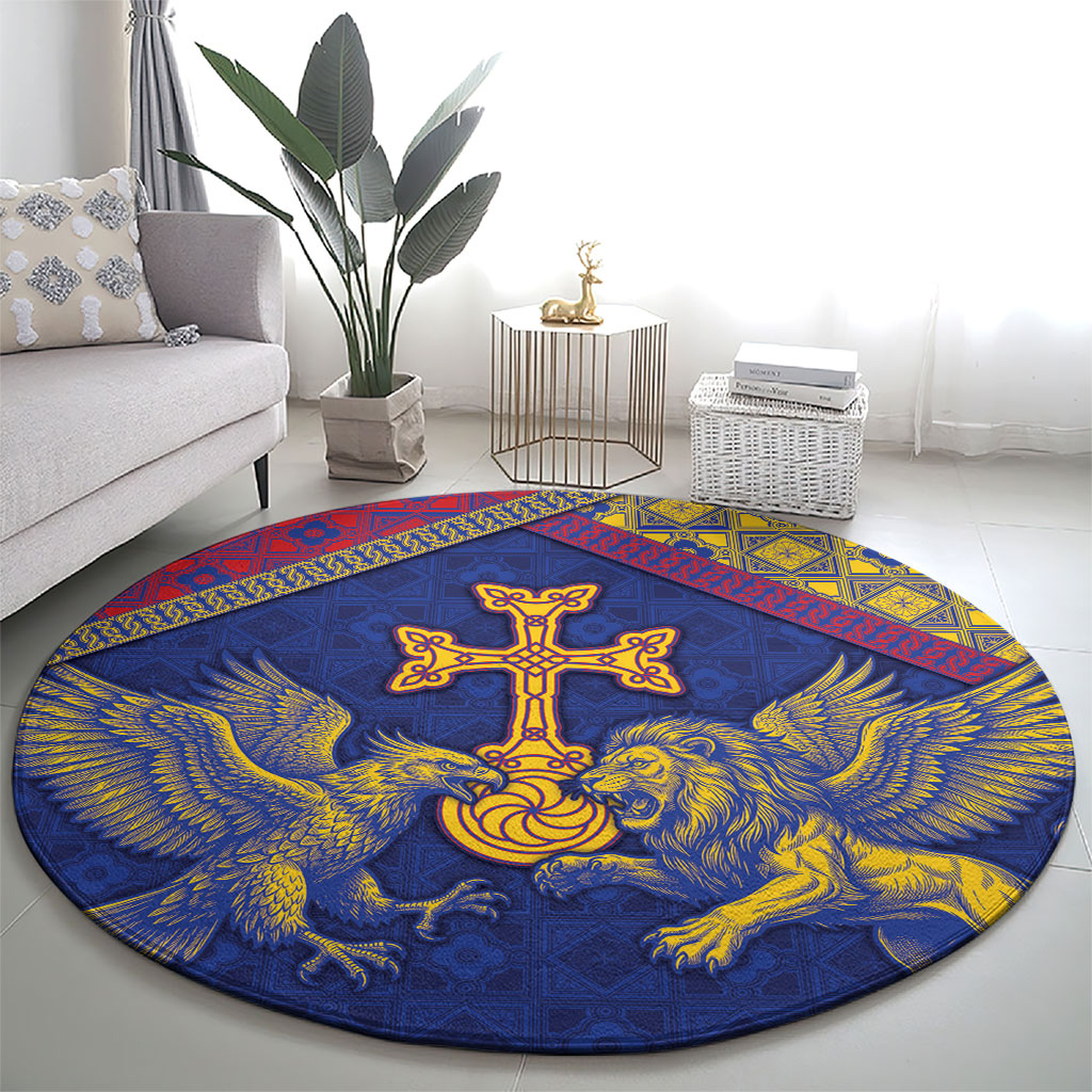 Armenia Round Carpet Golden Eagle And Lion Khachkar