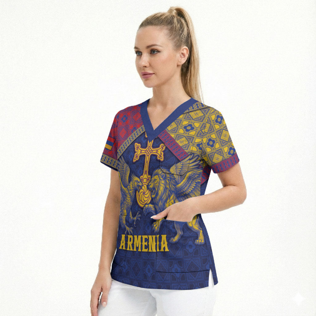 Personalized Armenia Scrub Top Golden Eagle And Lion Khachkar