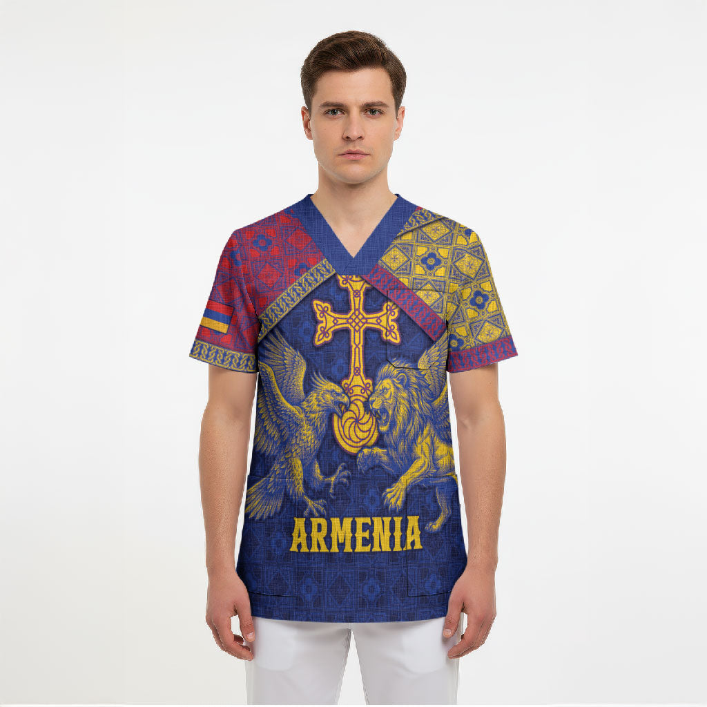 Personalized Armenia Scrub Top Golden Eagle And Lion Khachkar
