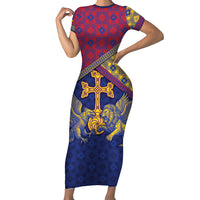 Armenia Short Sleeve Bodycon Dress Golden Eagle And Lion Khachkar