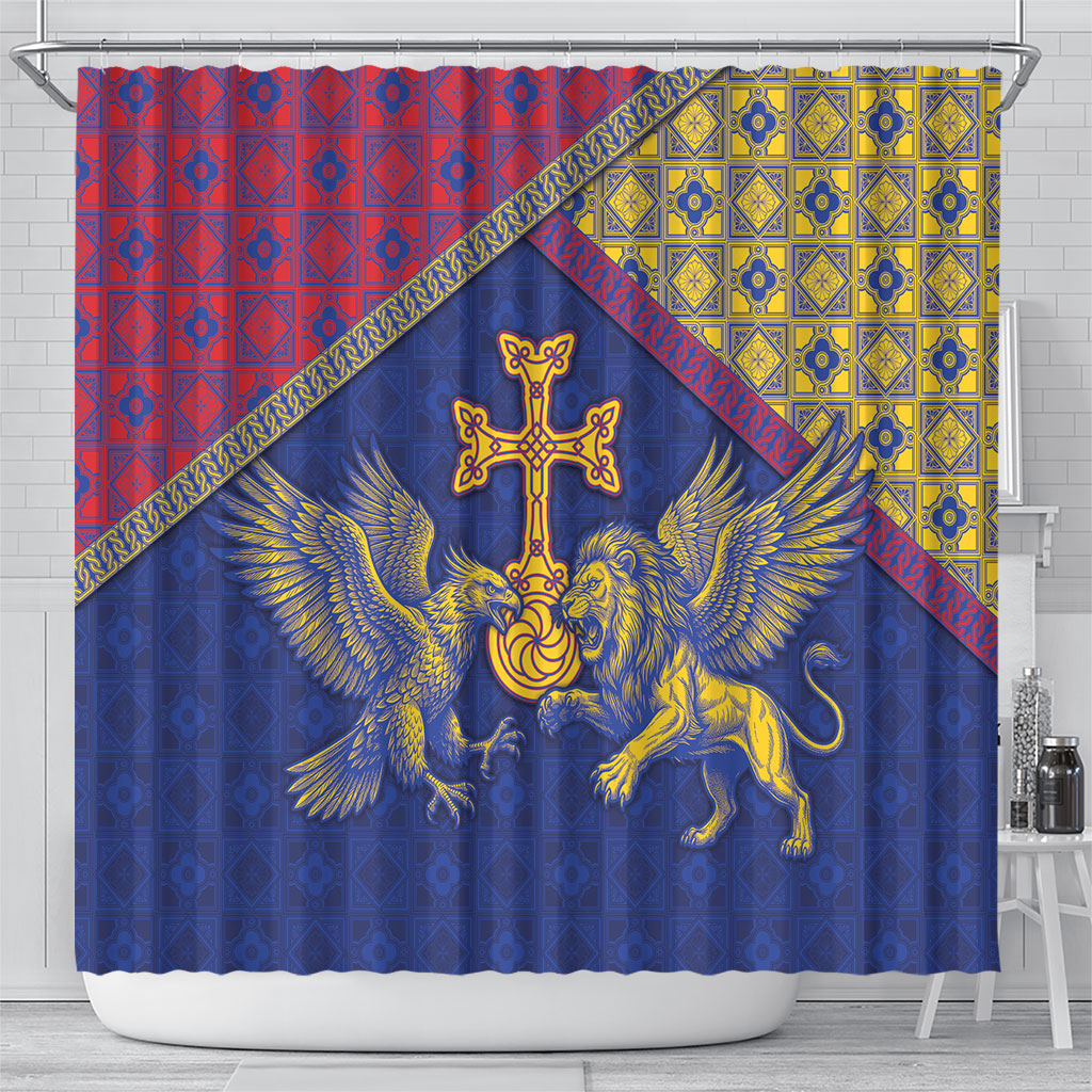 Armenia Shower Curtain Golden Eagle And Lion Khachkar