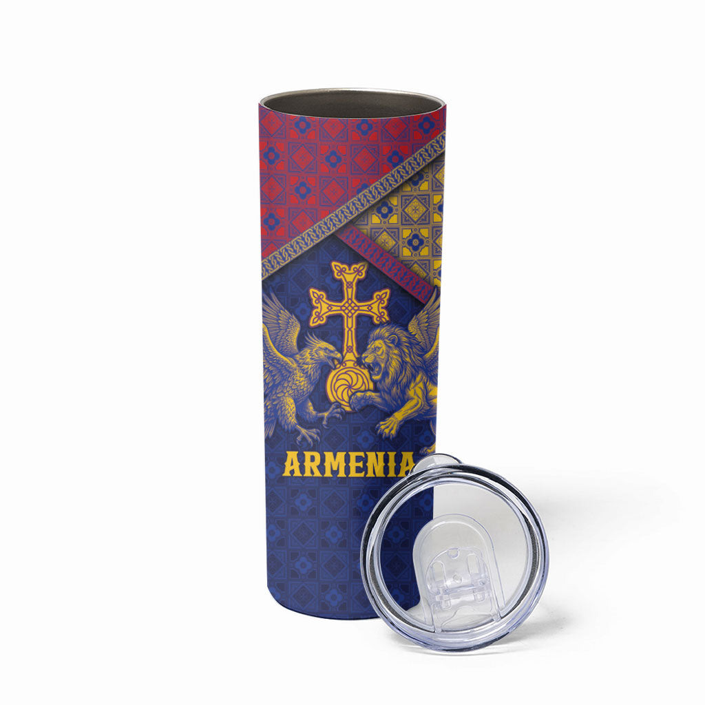 Personalized Armenia Skinny Tumbler Golden Eagle And Lion Khachkar