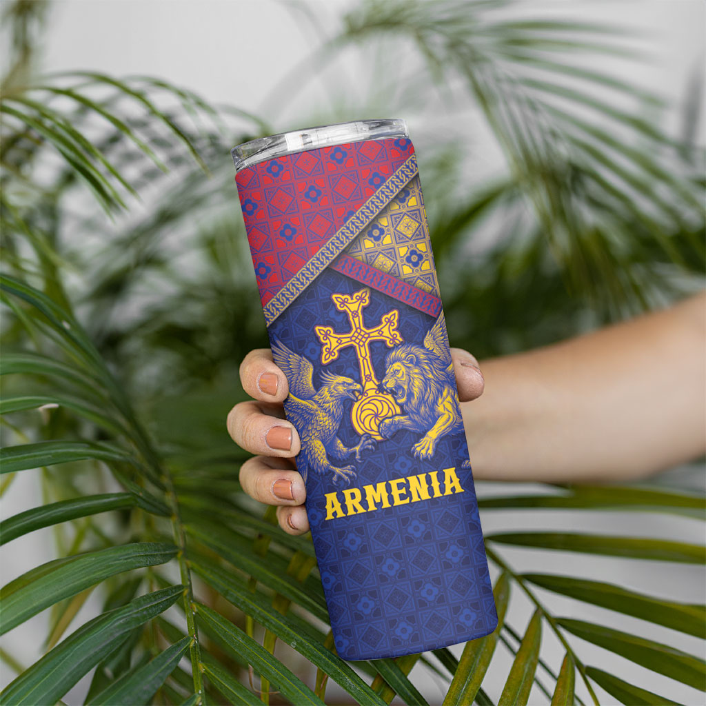 Personalized Armenia Skinny Tumbler Golden Eagle And Lion Khachkar