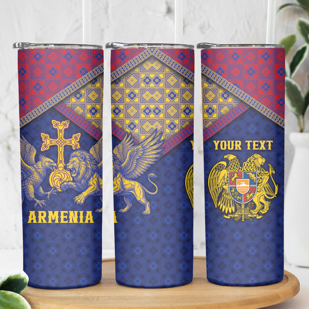 Personalized Armenia Skinny Tumbler Golden Eagle And Lion Khachkar