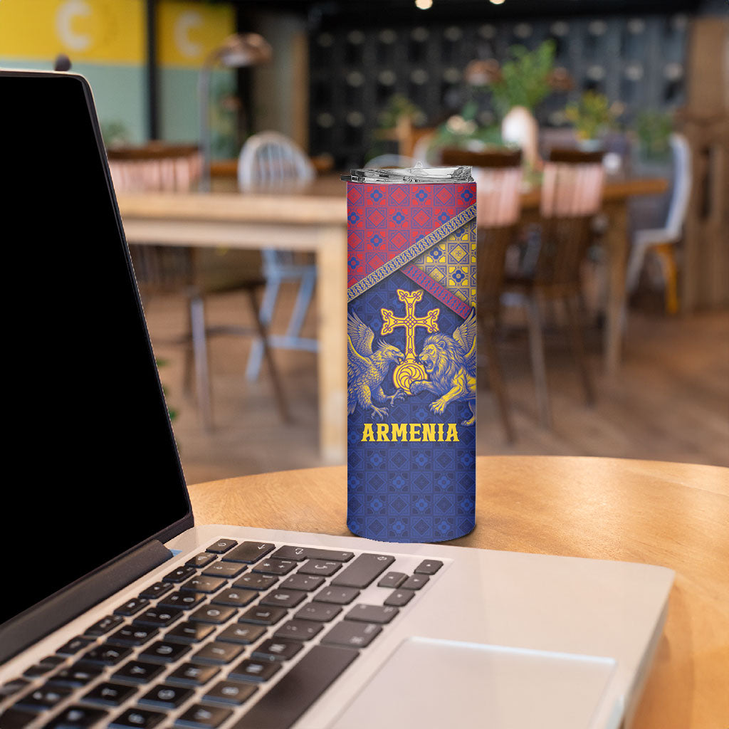 Personalized Armenia Skinny Tumbler Golden Eagle And Lion Khachkar