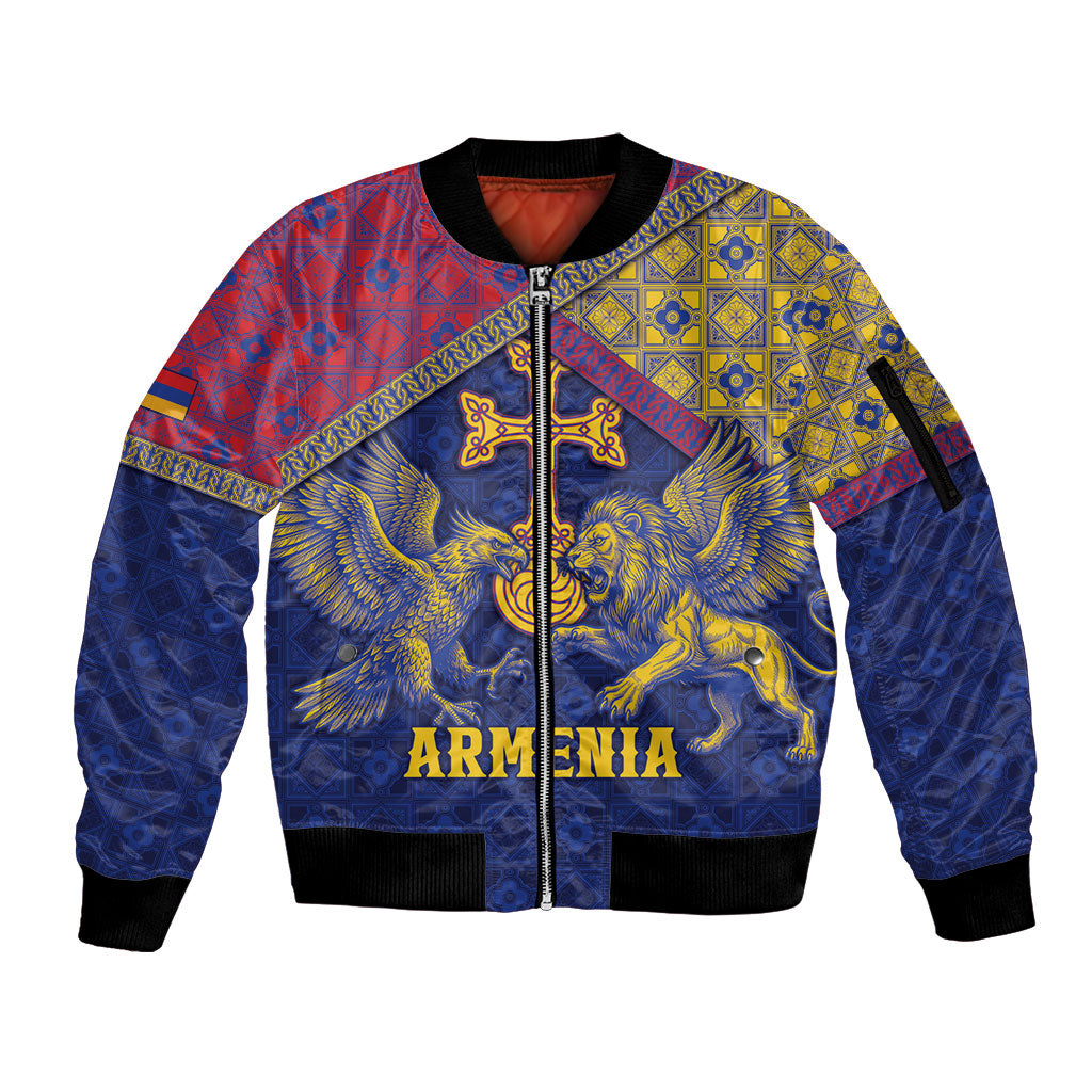 Personalized Armenia Sleeve Zip Bomber Jacket Golden Eagle And Lion Khachkar