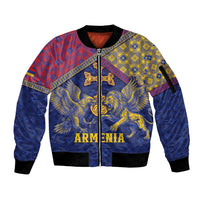 Personalized Armenia Sleeve Zip Bomber Jacket Golden Eagle And Lion Khachkar