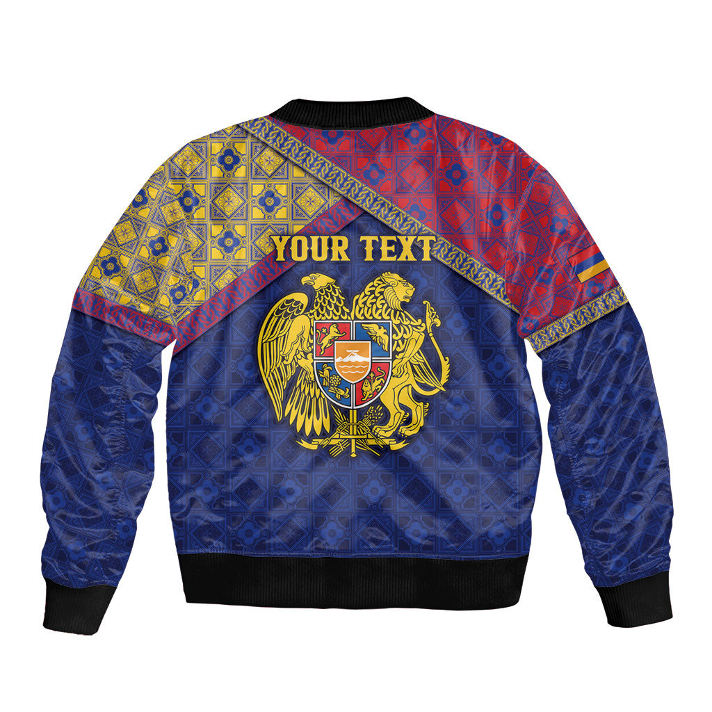 Personalized Armenia Sleeve Zip Bomber Jacket Golden Eagle And Lion Khachkar
